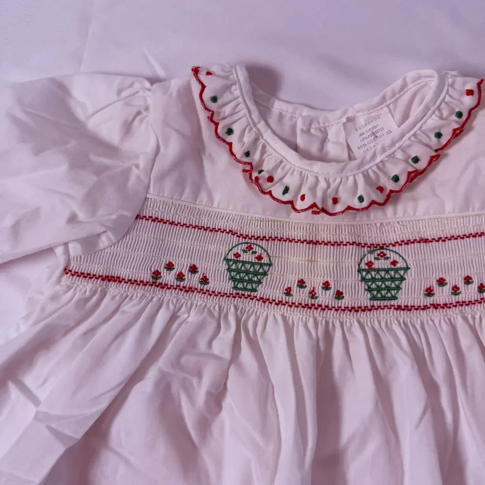 Vintage 80s Holiday Smocked Embroidered Peter Pan Collar White Christmas Dress